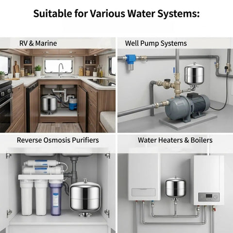 Legit Workhorse 304 Stainless Steel Pressure Tank With Vertical 24 Liter Design For Reverse Osmosis Systems And Whole House Water Stabilizers Or Coffee Setup in various installations including RVs, wells, and boilers.