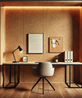 Premium Natural Cork Roll Four Feet By Twenty Four Feet Long Half Inch Thick used as a textured wall in a modern office setup.