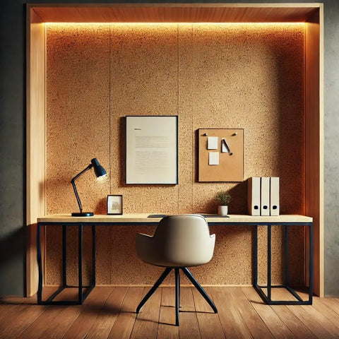 Premium Natural Cork Roll Four Feet By Twenty Four Feet Long Half Inch Thick used as a textured wall in a modern office setup.