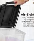 Two Pack Dog Food Storage Containers With Airtight Seal And Rolling Wheels Holds Up To 30 Lbs Each One Hand Open BPA Free Made In USA Clear And Black