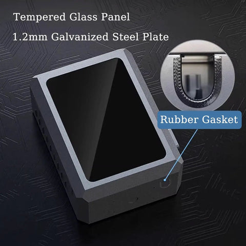 Built Dang Tough Steel EV Charger Lock Box All Weather Waterproof Protective Cover with tempered glass panel and rubber gasket.