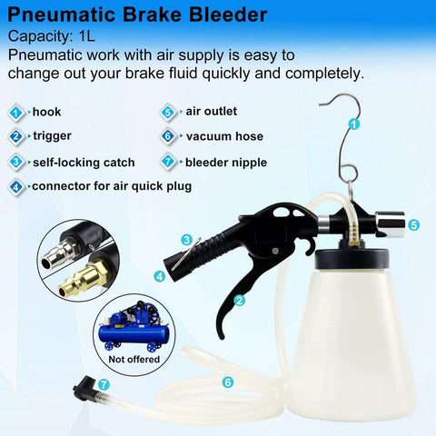1L Pneumatic Brake Fluid Bleeder Kit With Vacuum Extractor And 90 To 120 PSI Master Cylinder Adapters For Motorcycle And Car Fluid Change Hands Free Operation Self Locking Trigger Refill Bottle Included with parts labeled.