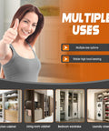 Woman giving thumbs up with text 'Multiple Uses' highlighting kitchen cabinets, living room cabinets, bedroom wardrobes, laundry closets.