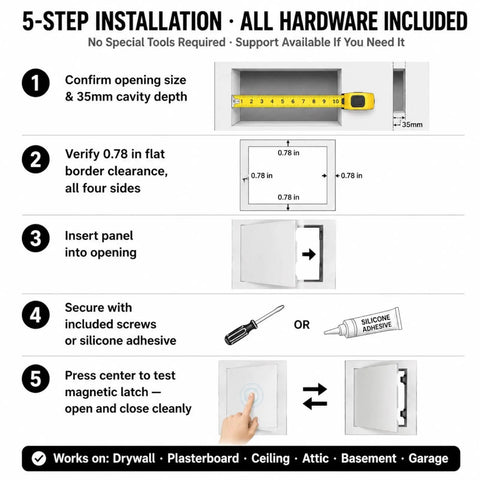 5-step installation guide for Sleek Quick Swap Access Panel 10X18 Inch Featuring Magnetic Aluminum Frame and Tough Galvanized Steel.
