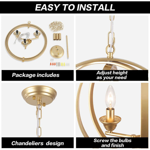 Gold Orb Chandelier Pendant Light Three Light Globe Fixture Modern Luxury with installation steps and components