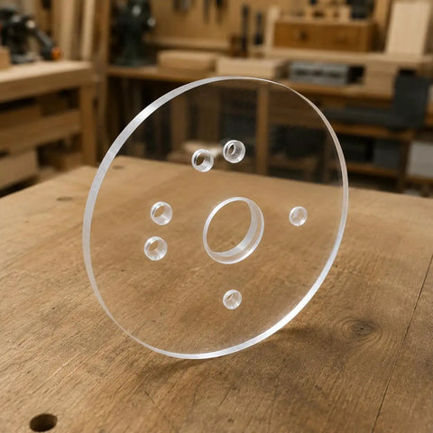 Six Inch Clear Acrylic Router Base Plate With Precision Pre Drilled Holes For DWP611 And DCW600B Compact Routers on a wooden surface.