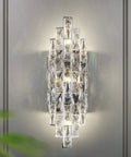 Crystal Chrome Wall Sconce with K9 crystals mounted on wall, elegant lighting for modern living room or bathroom