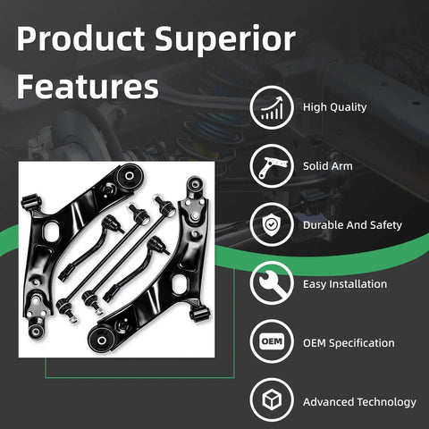 Six-Piece Front Lower Control Arm Ball Joint Tie Rod Sway Bar End Link Kit For Hyundai Tucson 2014 2015 And Kia Sportage 2014 2016 Replacement Direct Fit With All Mounting Hardware And Full Suspension Upgrade black steel control arms
