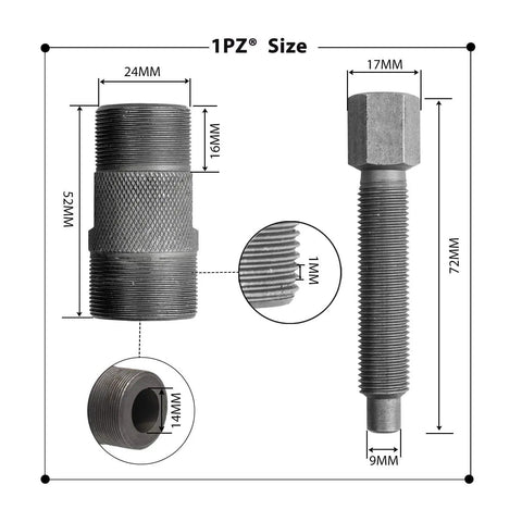 Dimensions of Double Head Magneto Flywheel Puller Tool With 24Mm Right Hand And 27Mm Left Hand Threads for engine repairs.