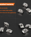 Two Hundred M5 T Slot Nuts For 2020 Aluminum Profile Extrusion, Hella Grippy Nickel Plated Sliding Bolts, close-up view of multiple nuts.