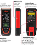 Disto D2G Laser Distance Meter For Pros With 390 Ft Range Green Beam Bluetooth NFC Data Transfer Smart Horizontal Add Subtract Volume 30 Measurement Memory Four Line Display Intelligent End Piece Hand Loop Pouch IP54 Indoor Use, front side view