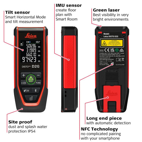 Disto D2G Laser Distance Meter For Pros With 390 Ft Range Green Beam Bluetooth NFC Data Transfer Smart Horizontal Add Subtract Volume 30 Measurement Memory Four Line Display Intelligent End Piece Hand Loop Pouch IP54 Indoor Use, front side view