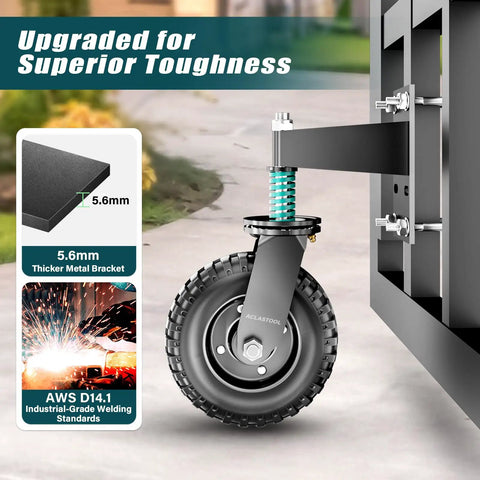 Heavy Duty Eight Inch Spring Loaded Gate Wheel Caster Built Tough For Wood And Metal Fences with 5.6mm thick metal bracket.