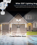 No Nonsense 36W LED Outdoor Flood Light With Motion Sensor illuminating garage and yard at night with wide 320° lighting angle