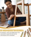 Woman assembling furniture using 20 Pcs Double Ended Screws Set M4 X 40mm Carbon Steel Hanger Bolts Self Tapping Wood Dowels For Wood Joints And Furniture Repairs Zinc Finish Durable Zinc Coated For Indoor And Outdoor Use And Quick Fixes For Wood Joints, with steps shown at bottom of image.