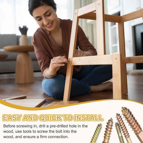 Woman installing furniture legs using 30 Pack M6x45 Hanger Bolts Double Headed Self-Tapping Wood Dowel Screws Carbon Steel Zinc Finish