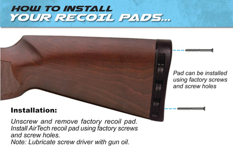 AirTech Precision-Fit Recoil Pad installation on rifle stock showing screws and hole alignment