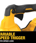 Close-up of FlexVolt 60V Max Cordless Leaf Blower With 125 MPH Air And 600 CFM For Quick Debris Cleanup, variable speed trigger.