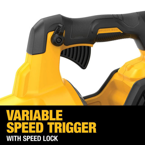 Close-up of FlexVolt 60V Max Cordless Leaf Blower With 125 MPH Air And 600 CFM For Quick Debris Cleanup, variable speed trigger.