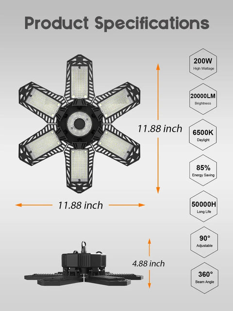 Specifications of Two Pack Plug In Garage Light With Six Deformable Panels Linkable 200W LED Shop Light 20000LM 6500K Daylight