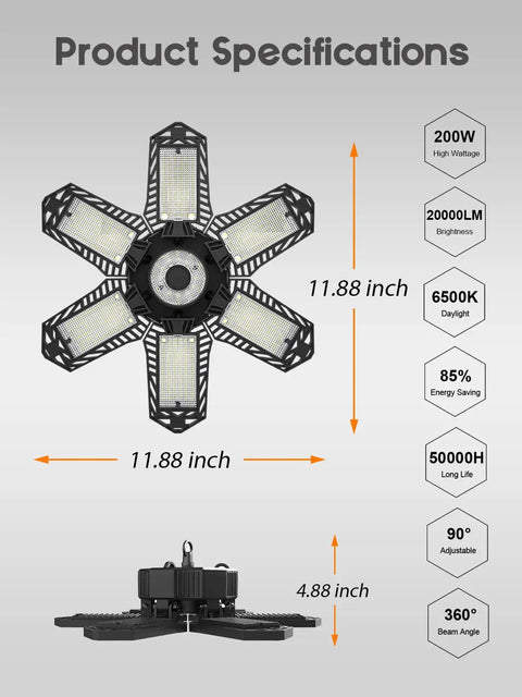 Ultra Bright 200W LED Garage Lights 4 Pack, 20000LM Daylight 6500K with 6 Deformable Panels and Product Specifications