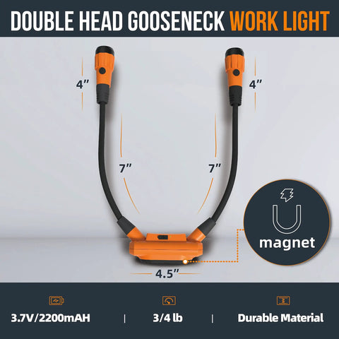 Hands Free Magnetic Mechanic Work Light With Two 320 Lumen Gooseneck Flashlights For Under Hood Repair, Bright Orange with dimensions