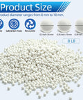 8 Pound Ceramic Tumbling Media Balls For Rock Tumblers Reusable White Alumina Pellets Three Tenths Inch Diameter Gentle Non Toxic Grit For Stone Polishing Protects Rocks Easy Clean Durable Tumbler Filler, displayed with size chart and features.