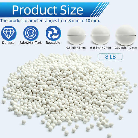 8 Pound Ceramic Tumbling Media Balls For Rock Tumblers Reusable White Alumina Pellets Three Tenths Inch Diameter Gentle Non Toxic Grit For Stone Polishing Protects Rocks Easy Clean Durable Tumbler Filler, displayed with size chart and features.