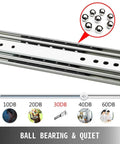 Built Tough Heavy Duty Full Extension Side Mount Drawer Slides With Ball Bearings That Glide Smooth As Butter And Snap Together For Hassle Free Cabinet Installation 1 Pair 46 Inch, close-up of ball bearings.