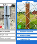 Comparison of chain link fence ties before and after installation using heavy duty aluminum chain link fence ties 11 gauge 8.27 inch 30 packs rust resistant repair clips for chain link fences garden fences and dog fences in silver.
