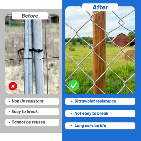 Comparison of chain link fence ties before and after installation using heavy duty aluminum chain link fence ties 11 gauge 8.27 inch 30 packs rust resistant repair clips for chain link fences garden fences and dog fences in silver.