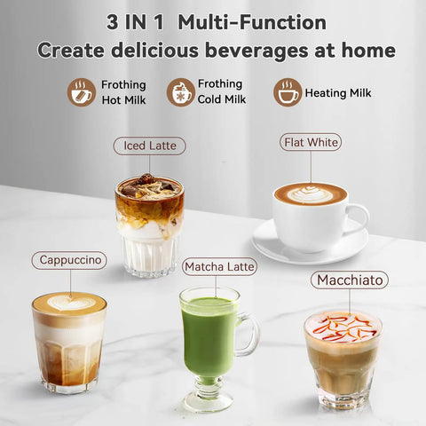 Electric Milk Frother Stainless Steel 8.4oz Capacity Hot And Cold Foam Maker creating lattes, cappuccinos, and macchiatos at home