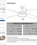 Diagram of Dope 52 Inch Matte Black Modern Ceiling Fan With LED Lights And Remote Quiet Motor showing dimensions and specifications.