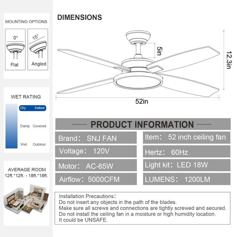 Diagram of Dope 52 Inch Matte Black Modern Ceiling Fan With LED Lights And Remote Quiet Motor showing dimensions and specifications.