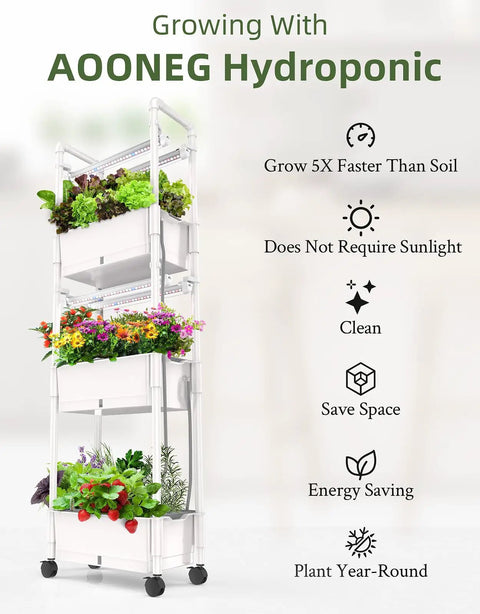 Indoor Hydroponic Garden Kit For Homegrown Herbs With 42 Pods, 3 Tier White Gloss Finish, with greenery and benefits listed