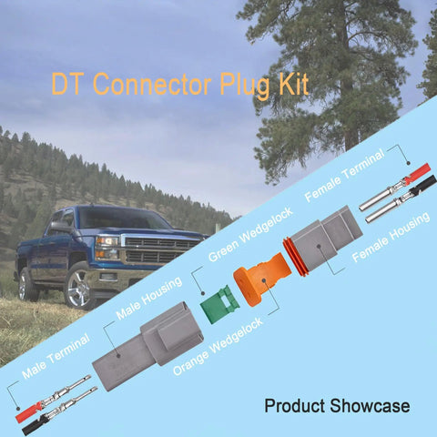 Diagram of DT 2 Pin Connector Kit Waterproof Automotive Wire Connectors with 5 Pairs Gray DT04 2P Male and DT06 2S Female.