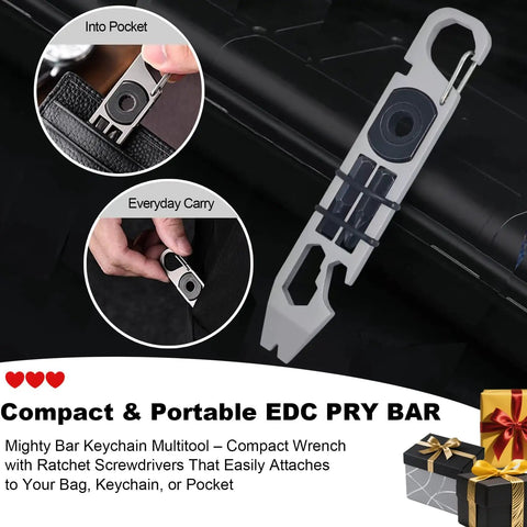 Image showing a Super Versatile Pocket Pry Bar With Wrench And Ratchet Screwdrivers Keychain Crowbar Can Opener And Bottle Opener All In One EDC Tool for everyday carry
