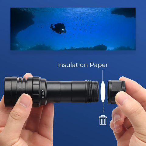 Hands assembling Powerful Dive Light 3000 Lumen 5000K Natural White Underwater Flashlight IPX8 Waterproof To 100M with insulation paper