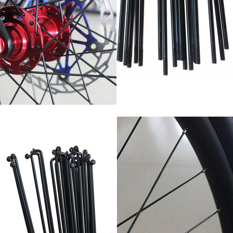 14G MTB Spokes With Nipples, 260mm, 304 Stainless Steel, Black Finish, 12 Pack, shown on mountain bike wheel with red hub