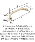 Diagram of Champagne Bronze Revitalize Cabinet Pull 5-1/16 inch Center to Center, showing dimensions and specifications
