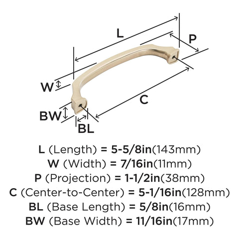 Diagram of Champagne Bronze Revitalize Cabinet Pull 5-1/16 inch Center to Center, showing dimensions and specifications