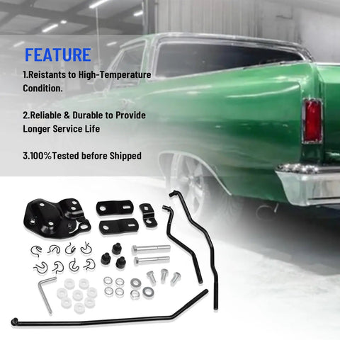 4-Speed Shifter Linkage Kit For Muncie Manual Transmission, Fits Classic Chevy Buick Oldsmobile Pontiac Models, Replaces 3733163, Durable Steel Construction For Smooth, Precise Shifts; black steel parts laid out with green classic car