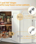 Open kitchen cabinet showing Lazy Susan with bifold corner cabinet hinges with easy install 165 degree soft close hinges.