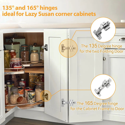 Open kitchen cabinet showing Lazy Susan with bifold corner cabinet hinges with easy install 165 degree soft close hinges.