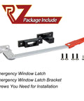 Emergency RV Window Latch Locks For Camper Exit Doors With Red Handle Aluminum Screen Security Bars shown with screws for installation.