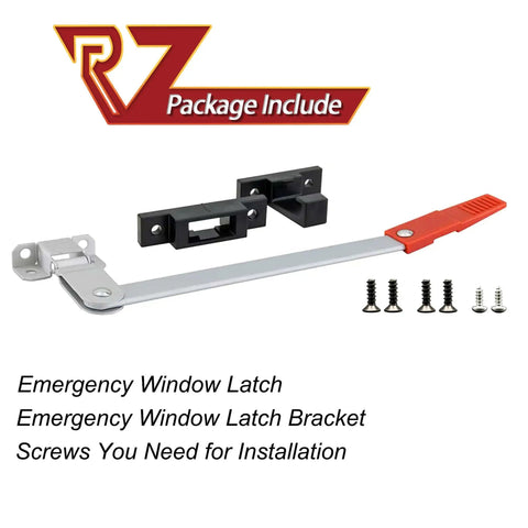 Emergency RV Window Latch Locks For Camper Exit Doors With Red Handle Aluminum Screen Security Bars shown with screws for installation.
