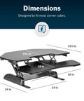 Cube Corner 36 Inch Standing Desk Converter For Dual Monitors With Spring Lift 11 Height Adjustments, showing dimensions diagram.