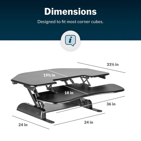 Cube Corner 36 Inch Standing Desk Converter For Dual Monitors With Spring Lift 11 Height Adjustments, showing dimensions diagram.
