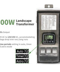 300W Low Voltage Landscape Transformer With Timer And Photocell Sensor Outdoor Waterproof Yard Ready For Spotlights And Pathway Lighting 120V AC To Twelve Or Fifteen Volt Output Four Modes, displayed with settings and display screen