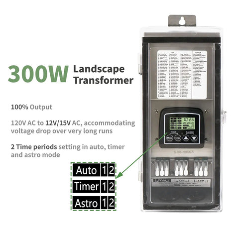 300W Low Voltage Landscape Transformer With Timer And Photocell Sensor Outdoor Waterproof Yard Ready For Spotlights And Pathway Lighting 120V AC To Twelve Or Fifteen Volt Output Four Modes, displayed with settings and display screen